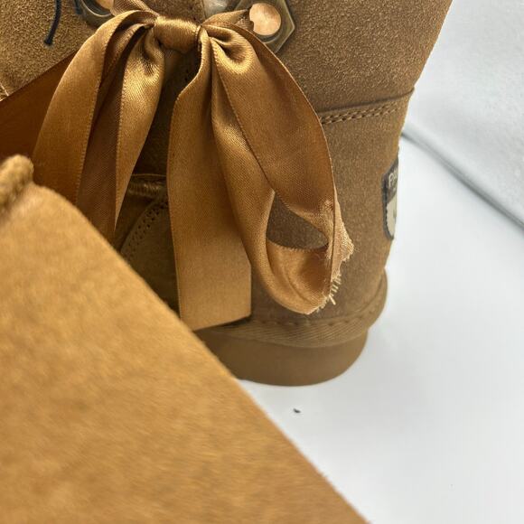 PAWZ by BEARPAW Boots Women’s 10 Chestnut Suede Ribbon Bow Shearling Lined New - Picture 10 of 14